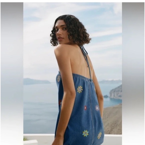 Zara Denim Embroidered Geo Shapes Midi Halter Dress XS - Picture 5 of 16